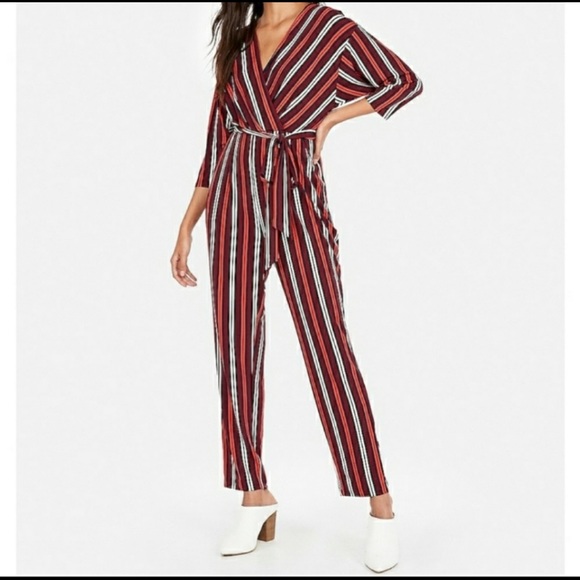 Express Pants - Express Red Surplice Striped Jumpsuit, SIZE XS